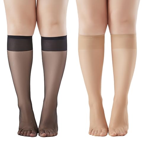 Image of 8 Pairs Plus Size Women Knee High Stockings Sheer Nylons Socks Womens Wide Calf Black Nylon Highs Stocking Queen Knee-high Panty Hose Sock