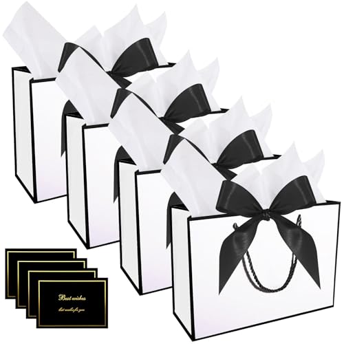 HuaJiao 4Pcs Valentine's Day Gift Bags, Medium Present Bag with Bow Ribbon Tissue Paper and Cards for Birthday Wedding Party 28x10x20cm (Black Edge)