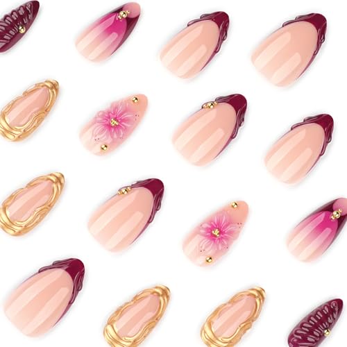 Image of Secret Lives Almond Press-On Nails - 3D Pink, Purple & Cream Dimensional Flower Artificial Nail Art, 24-Piece Set with Kit