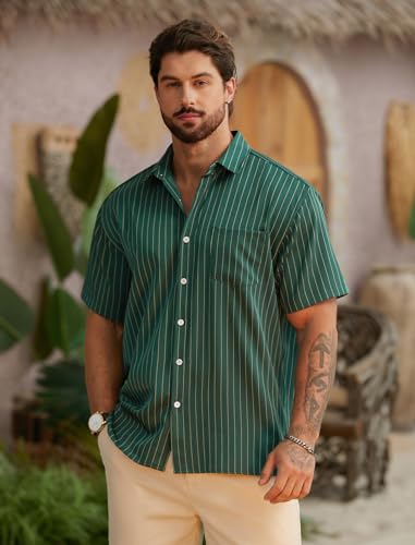 Hardaddy Men's Casual Striped Shirts Button Down Short Sleeve Blouse Summer Hawaiian Shirt2