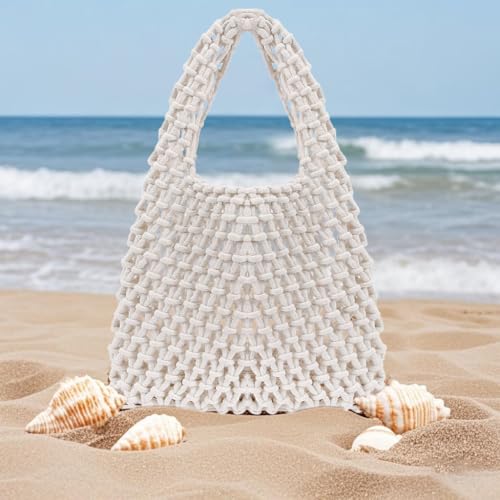 Image of Naimo Straw Beach Bag Woven Rattan Shoulder Bag Fishing Net Handbag Cotton Rope Tote Summer Crochet Hobo Bag