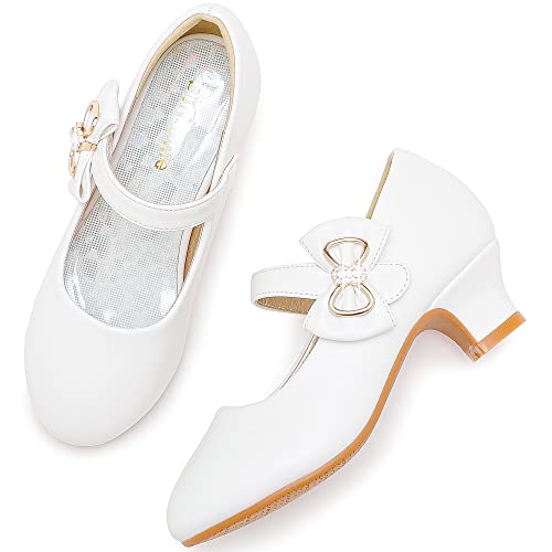 White Mary Janes Flats Girls Dress Shoes Kid High Heels Princess Shoes Flower Girl Shoes For Wedding Low Heel First Communion Shoes Christmas Easter Party Snow Church Shoes (3303Puwhite 2) #TOP2