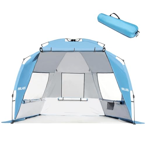 Golabs BT1 Pop up Beach Tent Sun Shelter for 3-Person, 1-Minute Setup by Pre-Attached Pole & UPF 50+, Beach Shade with Detachable Floor Mat, Mesh for Clear View & Airflow, only 7 lbs & Pocket and Hook