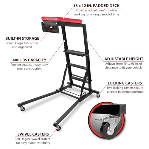 Image of Performance Tool W85038 High Top Adjustable Creeper to Work On Vehicles, Black /Red, 45-66-inch Height
