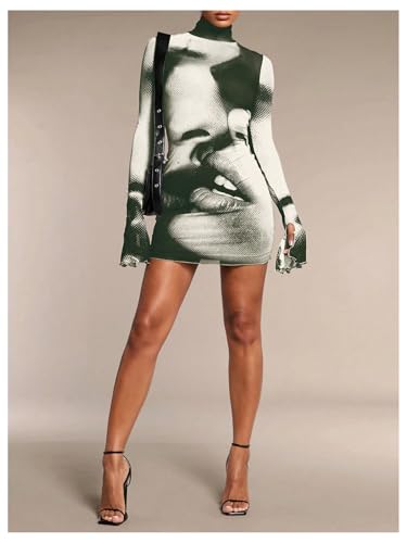 Image of GORGLITTER Women's Mesh Y2K Rave Vegas Going Out Dress Outfits Long Sleeve Club Turtleneck Neck Newspaper Mini Dresses