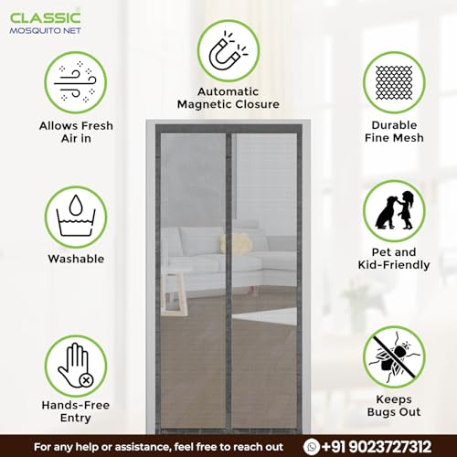 Image of Classic Mosquito Net for Door Fiberglass Magnetic Curtain Auto Closing Insect Screen for All Door Types with Self Adhesive Hook Tape (200X110cms, Grey)