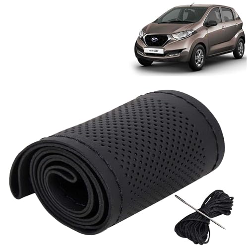 Image of KINGSWAY PU Leatherite Car Steering Cover Sewable Compatible with Datsun Redi Go (Year 2016 Onwards), Black Color with Black Thread, Pack of 1 with Sewing Needle and Thread