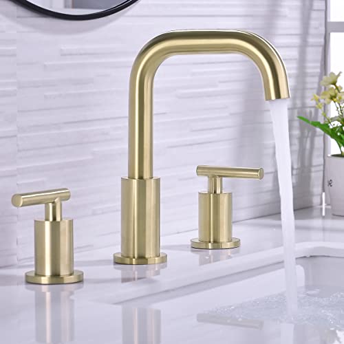 Trustmi Bathroom Faucet 2 Handle 8 Inch Brass Sink Faucet 3 Hole Widespread With 360 Degree Swivel Spout, Cupc Water Supply Lines And Overflow Pop Up Drain Included, Brushed Gold #TOP1