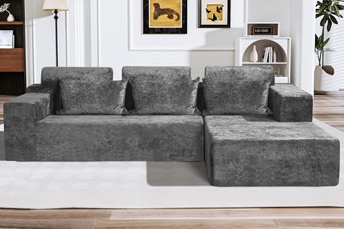 Image of HABUTWAY 105 inch L-Shape Modular Sectional Sofa Couch for Living Room,No Assembly Required,Modular Comfy Sofa with Deep Seat for Living Room Bedroom,Luxury Distressed Velvet(Right,Grey)
