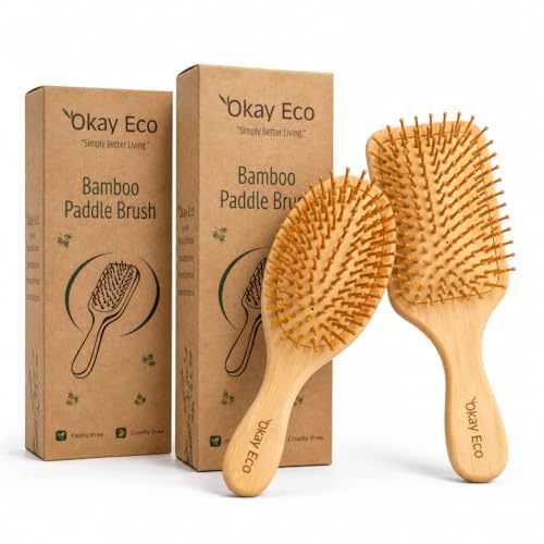 Image of Bamboo Paddle Hair Brush Combo Regular & Oval Shape Natural Gentle Detangling EcoFriendly Hair Care Tool