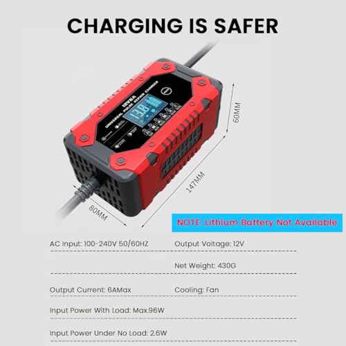Image of STHIRA Car Battery Charger 12V 6A Fully Automatic Smart Charger, Maintainer with LCD Display Compatible with Lead Acid Batteries Trickle Function for Cars Motorcycles Trucks ATVs SUVs RVs