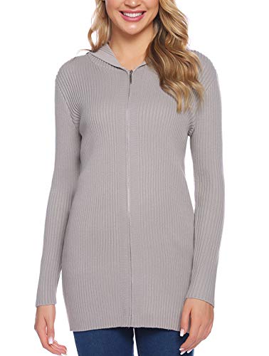Abollria Womens Button Down Cable Knit Cardigans Fleece Hooded Zipper Sweater Coats Light Grey
