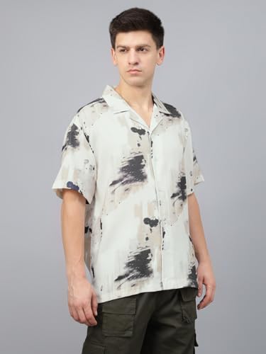 Image of Veirdo Poly Cotton Oversized Loose Baggy Fit Drop Shoulder Cool and Stylish Abstract Print Men Camp Collar Shirt