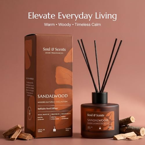 Image of Soul & Scents 120ml Reed Diffuser Set Sandalwood | Long Lasting Home Air Freshener | 6 Fiber Sticks | Gifting | Fragrance for Bedroom Bathroom Living Room | Aromatherapy Relaxing Soothing Aroma