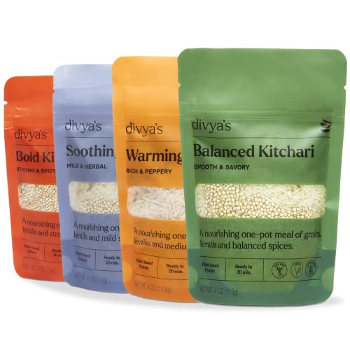 Divya's Kitchari Variety Bundle, One-Pot Ayurvedic Meal with Grains, Lentils, &amp; Spices, Healthy &amp; Nourishing Plant-Based Meal, Vegan, Non-GMO, Gluten Free, Organic, Single Serving 4 Pack
