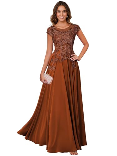 Image of Lace Applique Chiffon Mother of Bride Dresses - Short Sleeve Pleated Long Mother of The Groom Dress