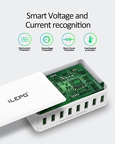 iLEPO Multiple USB Charger Station 40W Total output USB Power Supply Multiport USB Charger UK Plug Multi Charger For Samsung,HTC,LG,iPhone,Google Phone,Cell Phones,MP3 Player, etc