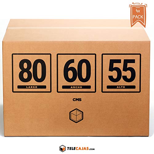 TeleCajas® | Cajas de Cartón Gigantes | Doble Pared REFORZADA | 80x60x55 cms | Pack de 4 uds (4x)
