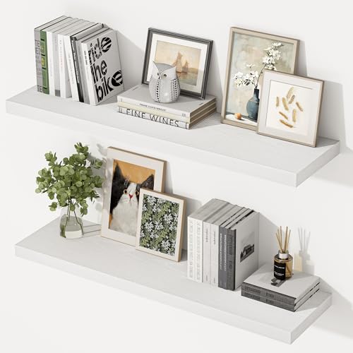 Image of 36 Inch Floating Shelves, 12 Inch Deep Floating Shelves for Wall, Extra Deeper & Thicker Wooden Wall Shelf with Invisible Brackets, Shelf for Bedroom Living Room Home Decor(White, Set of 2)