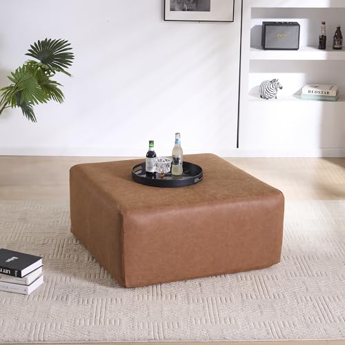 AIITTCC 35 Wide Oversized Square Ottoman Coffee Table Faux Leather Couch Ottoman Large Footstool for Living Room (Brown Square)