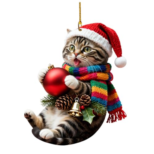 3 Inch Cats Christmas Tree Ornament 2D Santa Hat Scarf Warm Cute House,A - image 1