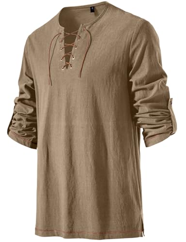 Image of JEMITOP Men's Pure Cotton Vintage Lace Up Shirts for Pirate Renaissance Viking Medieval Costume Without Belt