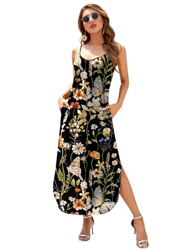 Image of HUSKARY Women's Summer Casual Sleeveless V Neck Strappy Split Loose Dress Beach Cover Up Long Cami Maxi Dresses with Pocket