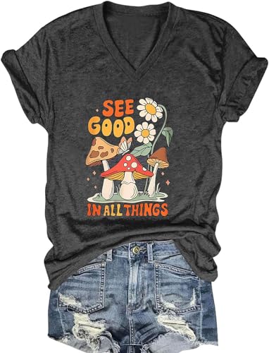 Women's See Good in All Things T-Shirt Retro Mushroom Daisy Graphic Shirt Summer V Neck Short Sleeve Casual Tee Tops(Dark Gray5-XXL)