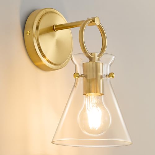 Image of Gold Wall Sconce 1-Light Farmhouse Vanity Light Fixtures | Hardwired Modern Wall Lights 6'' Clear Glass Shade for Bathroom, Living Room, Mirror, Kitchen