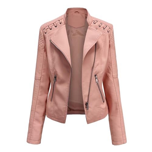 Silunma2021 Chaqueta de piel con cremallera para mujer, estilo corto, elegante, color liso, ropa de abrigo fina para motocicleta (rosa, 4XL)