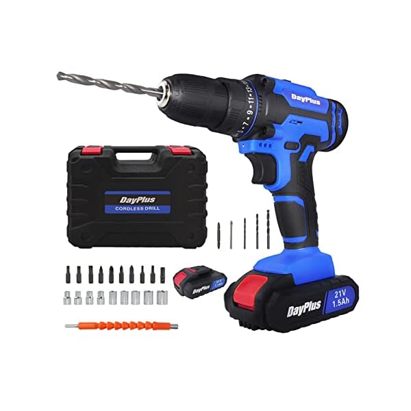 Akkuschrauber Akku Bohrmaschine 21V Professional Akku Bohrschrauber Set mit 2 Akku (1500mAh), LED-Licht, Drehmoment 45Nm, 26pcs Zubehör Bit