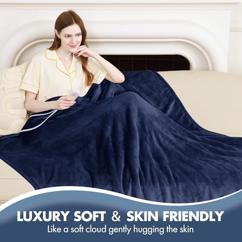 Full Size Heated Blanket 72" x 84" - Fluffy Ultra Soft Flannel Heated Lap Blanket with 6 Heating Levels & 10 Hours Adjustable Timer, Fast Heating and Electric Blanket for Office (Navy)