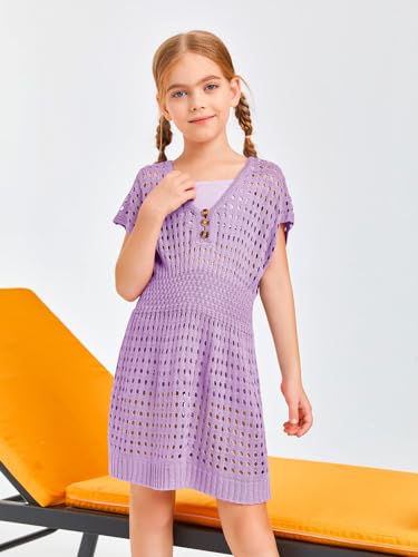 Image of Haloumoning Girls Crochet Swim Beach Cover Up Kids Fashion Button Short Sleeve Swimsuits Cover Ups 5-14 Years