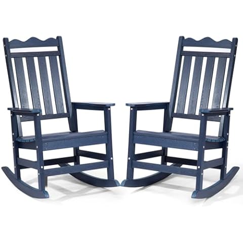 Outdoor Rocking Chairs Set of 2, Weather-Resistant HDPE Front Porch Rockers, Patio Rocking Chairs for Adults, Oversized Rockers for Garden Backyard Balcony, Pre-Assembled, Outdoor & Indoor, Blue Cover