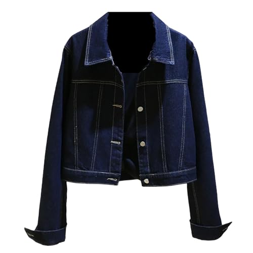 Young Girl Retro Dark Blue Short Denim Jacket, Loose Casual Student Denim Jacket