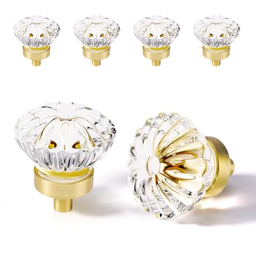 CEYMIO 1.4 Inch Brushed Gold Crystal Cabinet Knobs Cabinets Knob 4 Pack Flower Vintage Glass Clear Crystal Small Pull for Closet Dresser Drawers Solid Alloy Retro Pulls Old Fashioned Drawer Handle