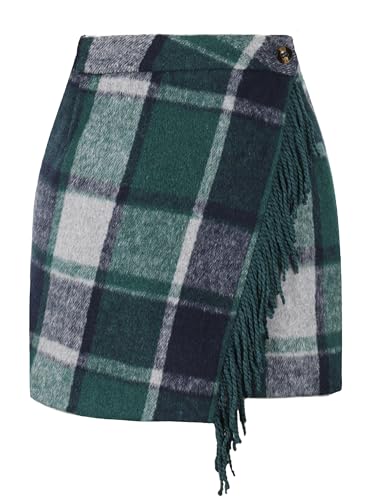 Ailoqing Womens Plaid Fringed Skirt Fall High Waist Flannel Mini Checkered Skirts A line Dresses Outfits