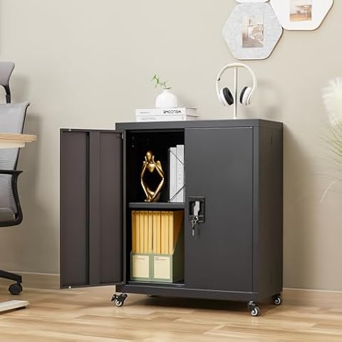 LUCYPAL Metal Storage Cabinet with Wheels and Lockable Doors Cover