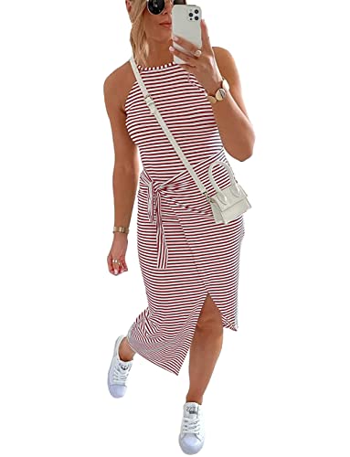 Image of NOLLSOM Women Casual Sleeveless Striped Tank Midi Dresses Halter Neck Ruched Bodycon Dresses Tie Waist T Shirt Summer Dress