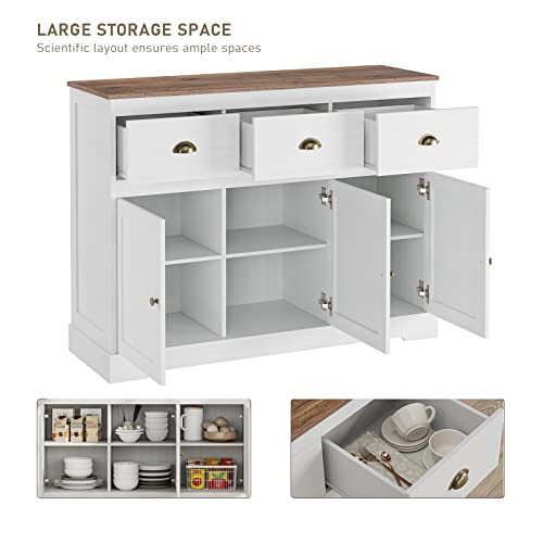 Buffet Cabinet Storage Kitchen Cabinet Sideboard Farmhouse Buffet Server Bar Wine Cabinet With 3 Drawers & 3 Doors Adjustable Shelves Console Table For Dining Living Room Cupboard, Antique White #TOP1
