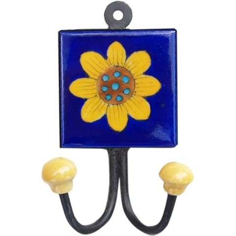 GURU SHOP Doppelwandhaken, Garderobenhaken mit Handgefertigter Keramik Fliese - Modell 12, Blau, 15x10x5,5 cm, Wandhaken aus Holz, Metall & Keramik Cover
