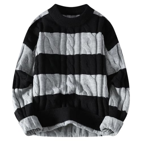 Men Long Sleeve Stripe Sweater Harajuku Cartoon Printed Pullover Top Loose Knitwear Round Neck Streetwear