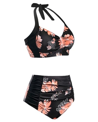 Image of Holipick Women High Waisted Bikini Set Two Piece Swimsuit Tummy Control Bathing Suit Vintage Halter Swimwear