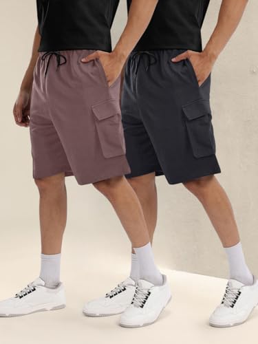 Image of Pinkmint Cargo Shorts for Men Pack of 2 Cotton Lycra Training Gym Shorts for Men Casual Workout Lightweight Summer Shorts with Dual Side Pockets Half Pant for Running, Gym, Walking, Travel