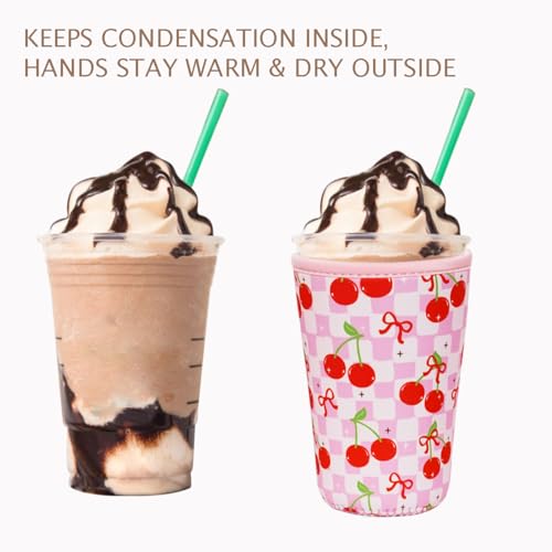 Image of Reusable Insulated Neoprene Iced Coffee Cup Sleeve, Durable Drink Sleeve for Cold Beverages, Beverage Holder for Iced Coffee (Cherry Gleam)