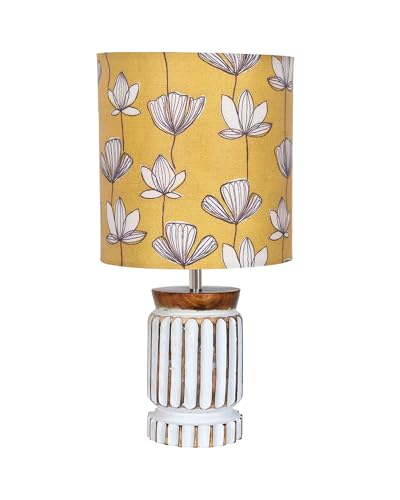 Image of Homesake Retro Farmhouse Table Lamp for Living Room Bedroom Rustic Linen Bedside Nightstand Lamps for Kids Room Study Office Wood, Carved Cylinder, (Hibiscus)