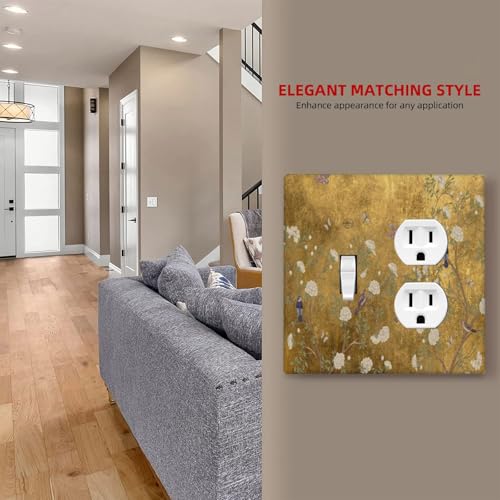 Decorative Outlet Covers Vintage White Flowers Birds on Golden Background 2 Gang Outlet Cover Wall Plate Single Toggle Duplex Light Switch Cover Plate Switch Plate Covers