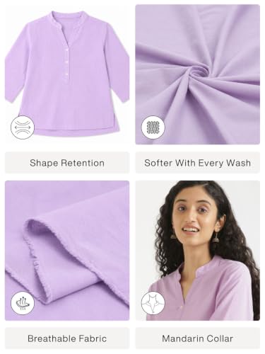 Image of SAADAA Women Short Kurti Airy Linen Regular Fit Kurta with 3 /4th Sleeves, Mandarin Collar, Side Slit Perfect for Casual, Formal, and Ethnic Wear