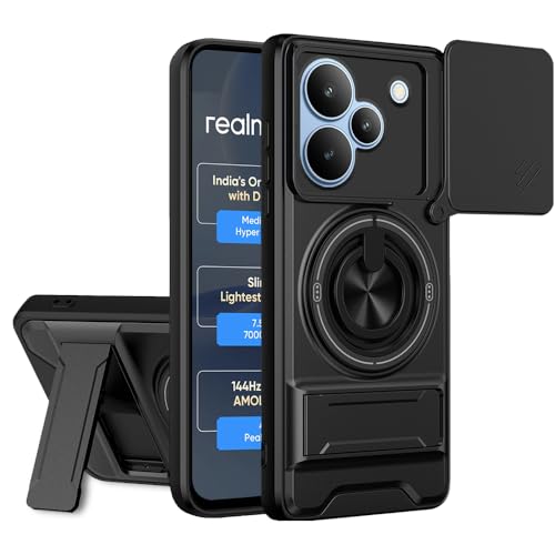 Image of AESTMO Realme P4 5G Back Cover | Armor Camera Slider 360 Degree Rotating Finger Ring Holder Case with Bracket Stand Back Case Cover for Realme P4 5G (Compatible with MagSafe Accessories) (Black)