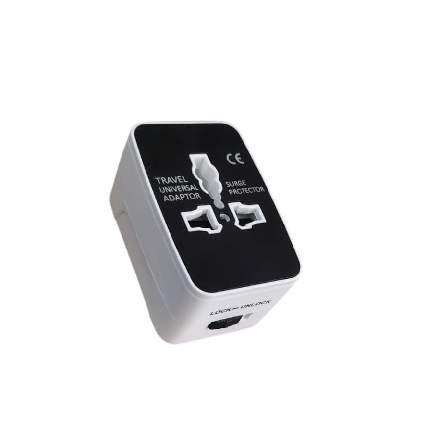 Image of Hawk Universal Taravel Adapter with Surge Protector, Black and White, Type A /C /G /I Multi-Plug, 100-240V AC, 10A Max, Model Otto (Black and White)